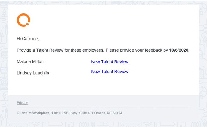 invitation email provide talent reviews